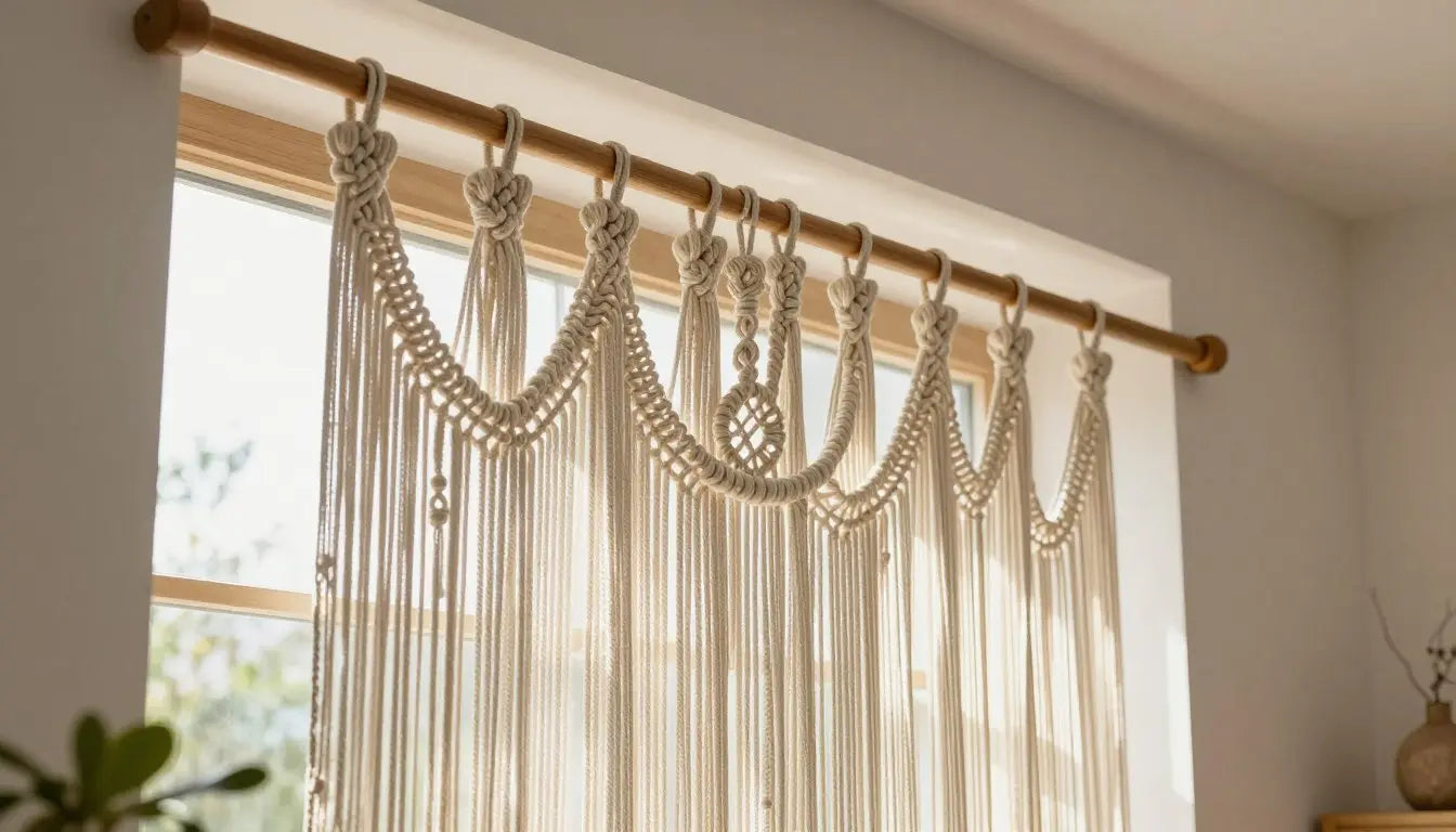 Système d'accrochage rideau macramé sur tringle et rail plafond