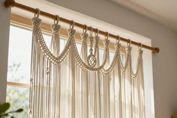 Système d'accrochage rideau macramé sur tringle et rail plafond