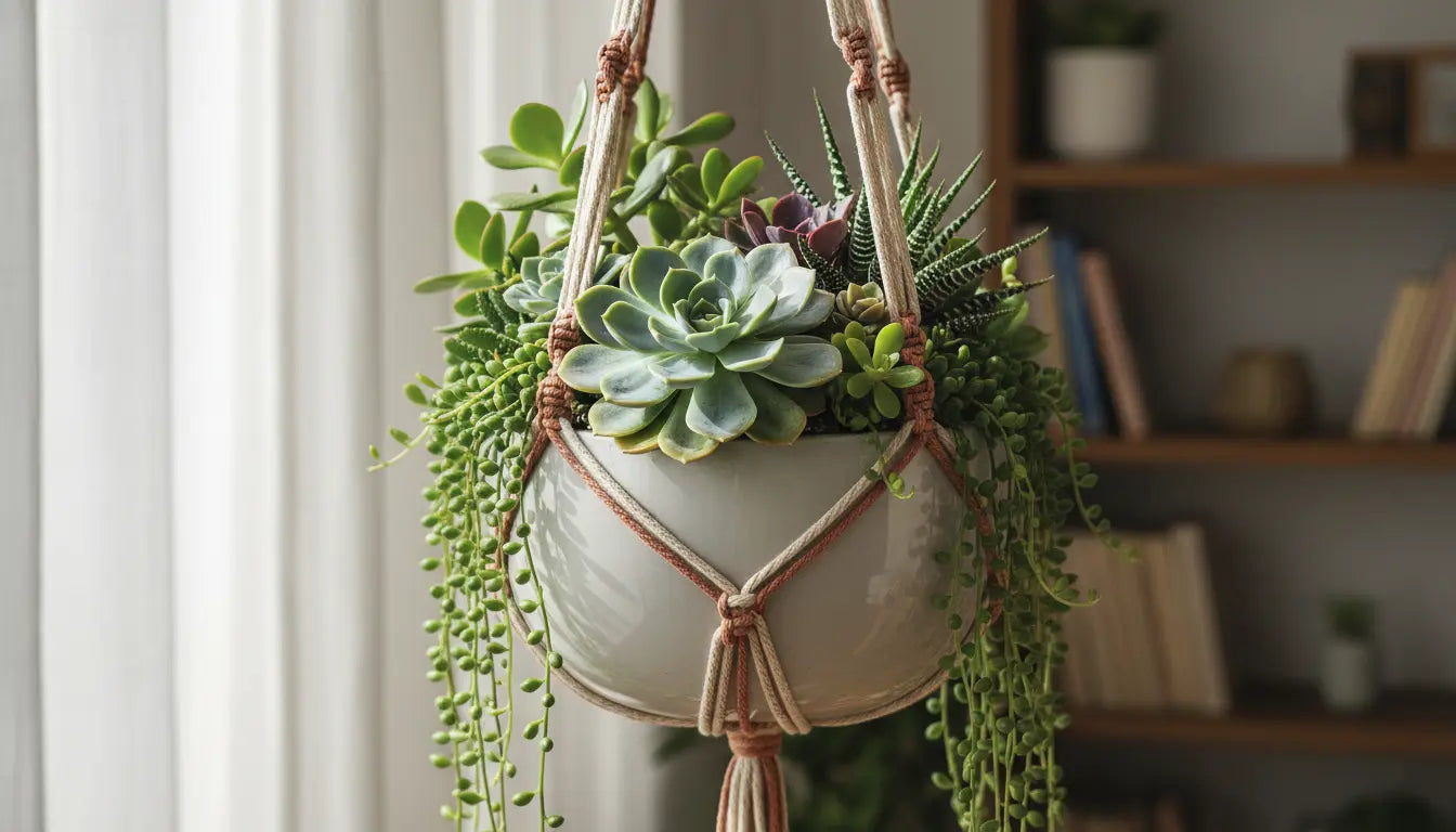 Plante grasse succulente dans une suspension macramé en coton