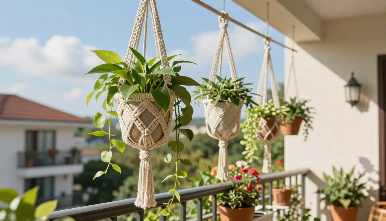 Suspension macramé avec plante verte fixée sur un balcon urbain