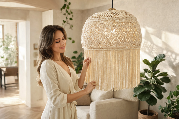 réglage hauteur abat-jour macramé suspension