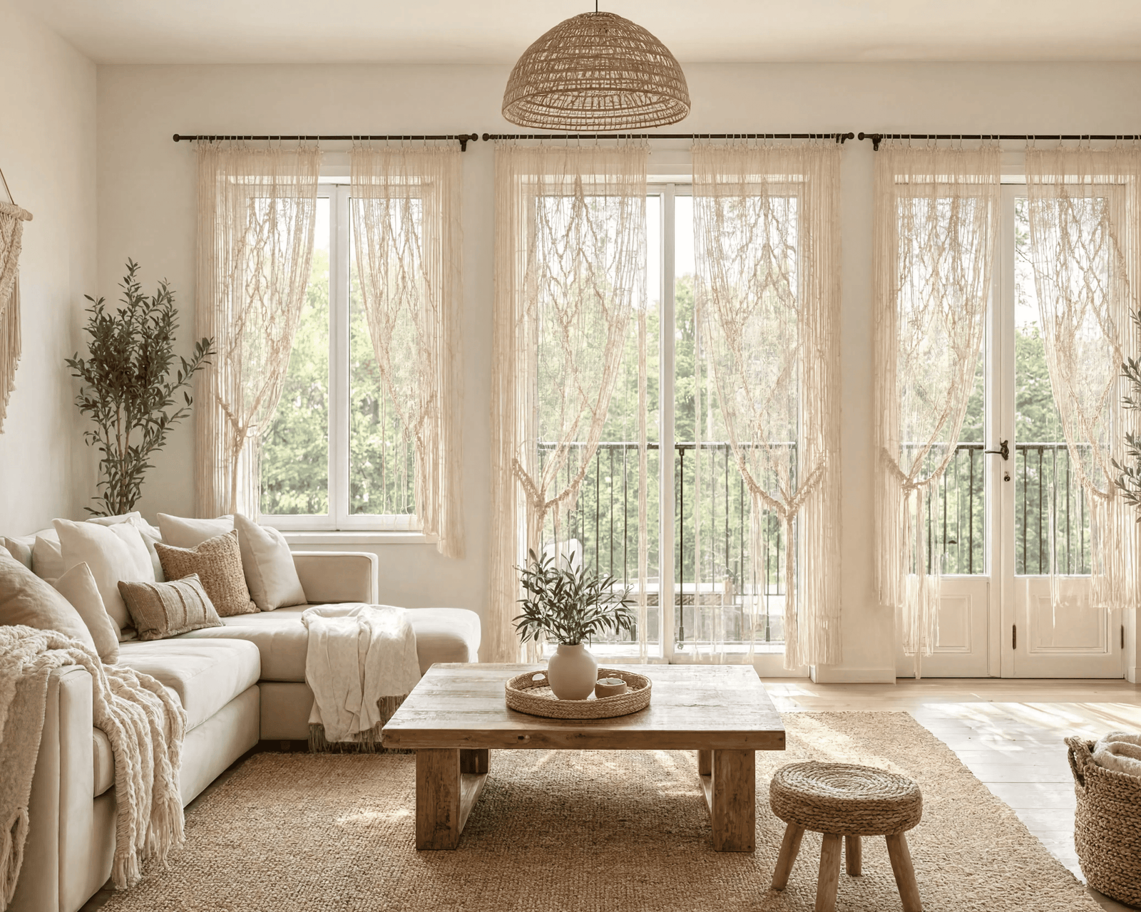 Rideau macramé coton naturel devant fenêtre salon bohème — guide styles