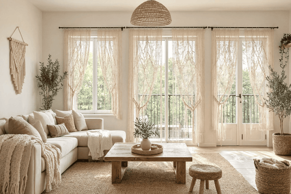 Rideau macramé coton naturel devant fenêtre salon bohème — guide styles