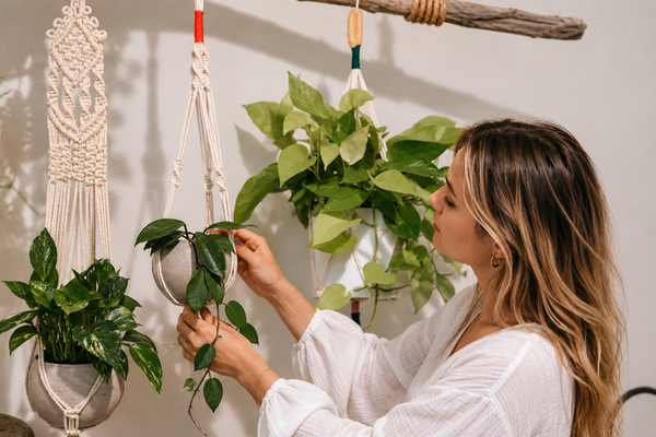 Plantes suspendues dans des pots macramé en coton naturel