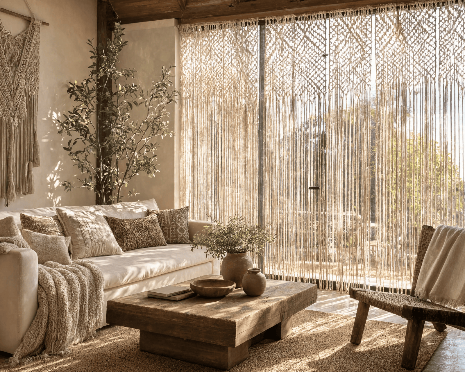 Rideaux bohème macramé — salon lumière dorée, 6 styles d'intérieur