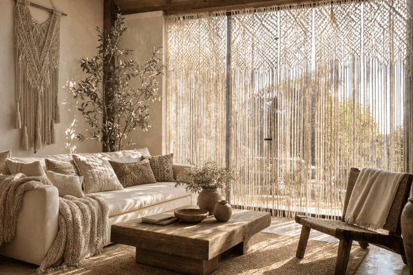 Rideaux bohème macramé — salon lumière dorée, 6 styles d'intérieur