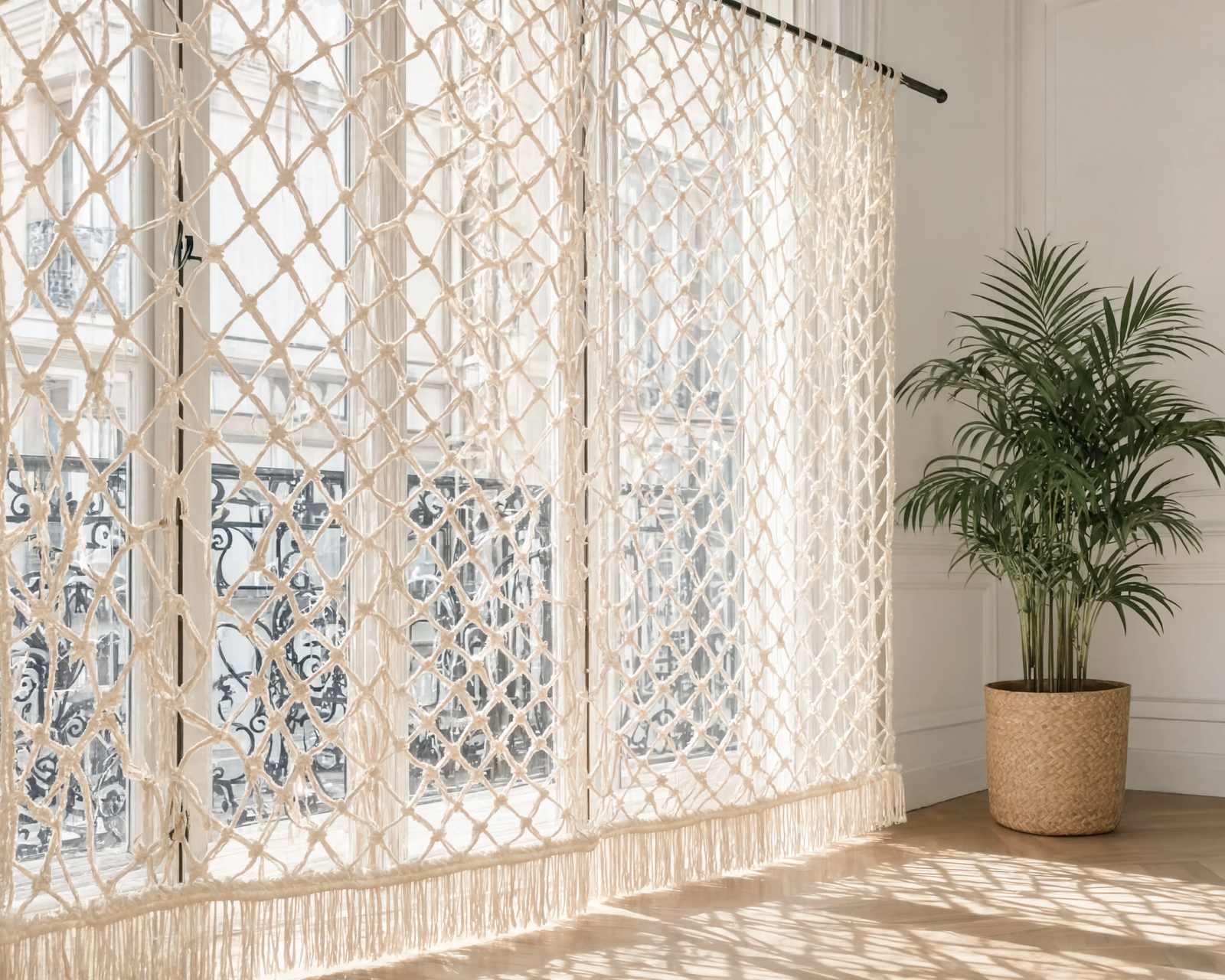 Rideau macramé dans un appartement haussmannien lumineux – guide style, dimensions, matière