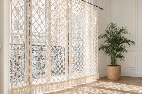 Rideau macramé dans un appartement haussmannien lumineux – guide style, dimensions, matière