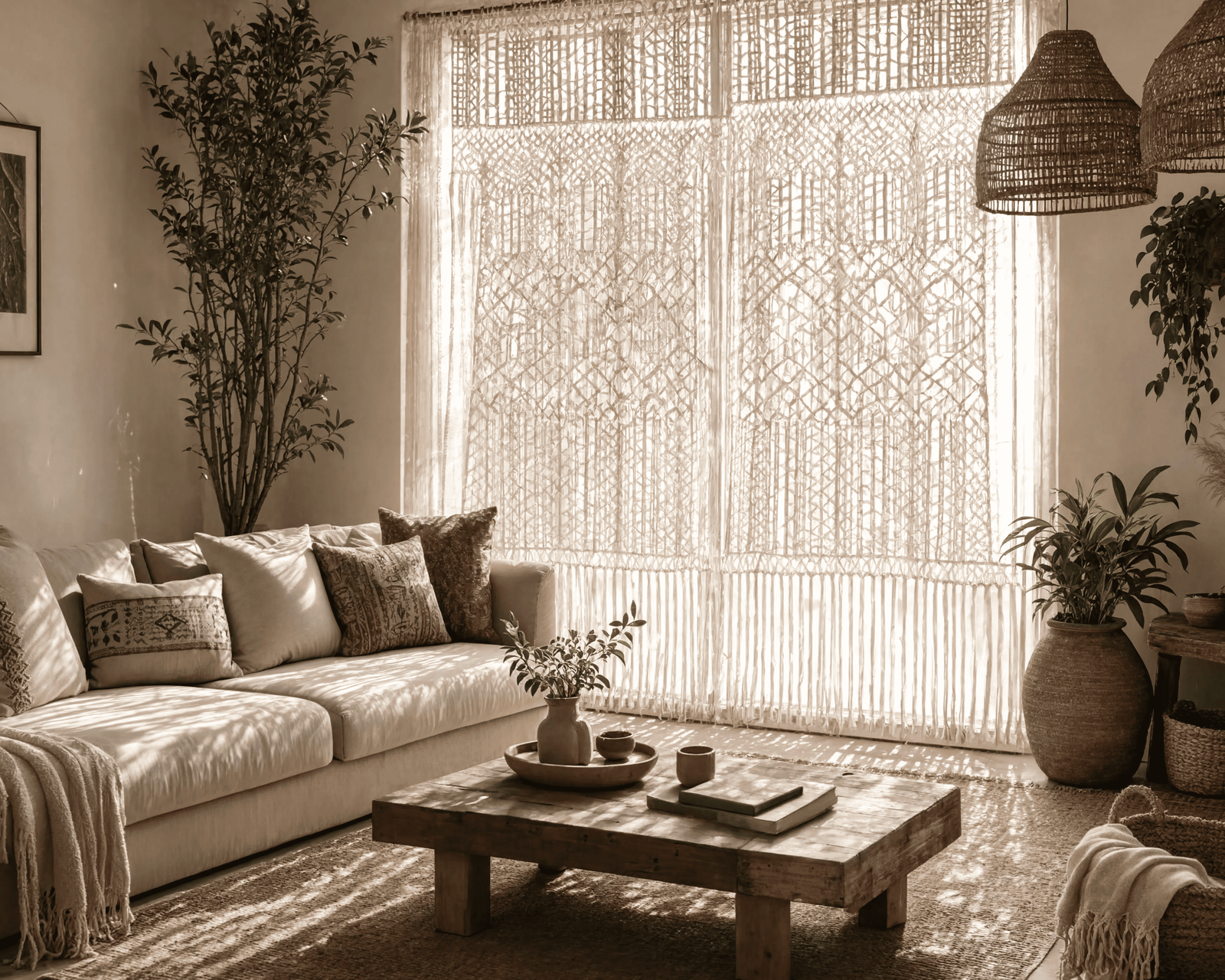 Rideau macramé bohème coton naturel — salon lumineux style boho