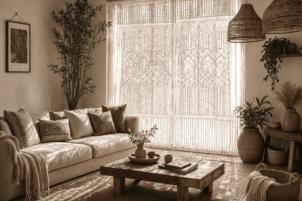 Rideau macramé bohème coton naturel — salon lumineux style boho