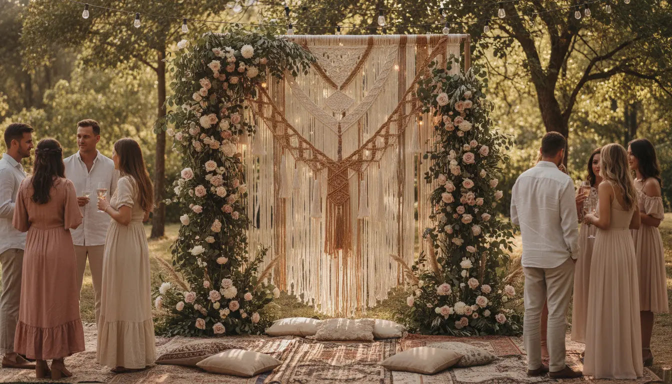 Grand macramé mural blanc décorant un mariage bohème en plein air