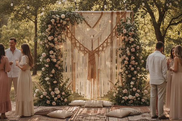 Grand macramé mural blanc décorant un mariage bohème en plein air