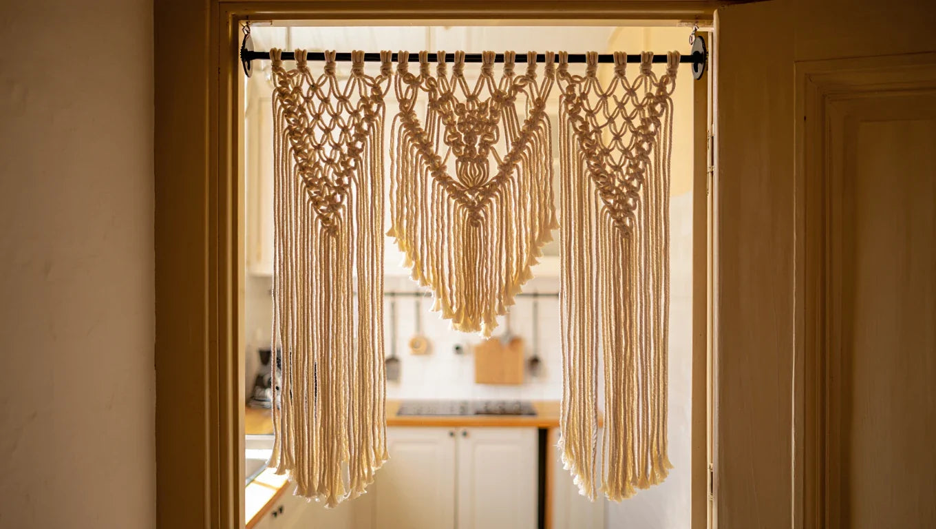 Brise-bise macramé coton naturel posé sur fenêtre — alternative aux voilages