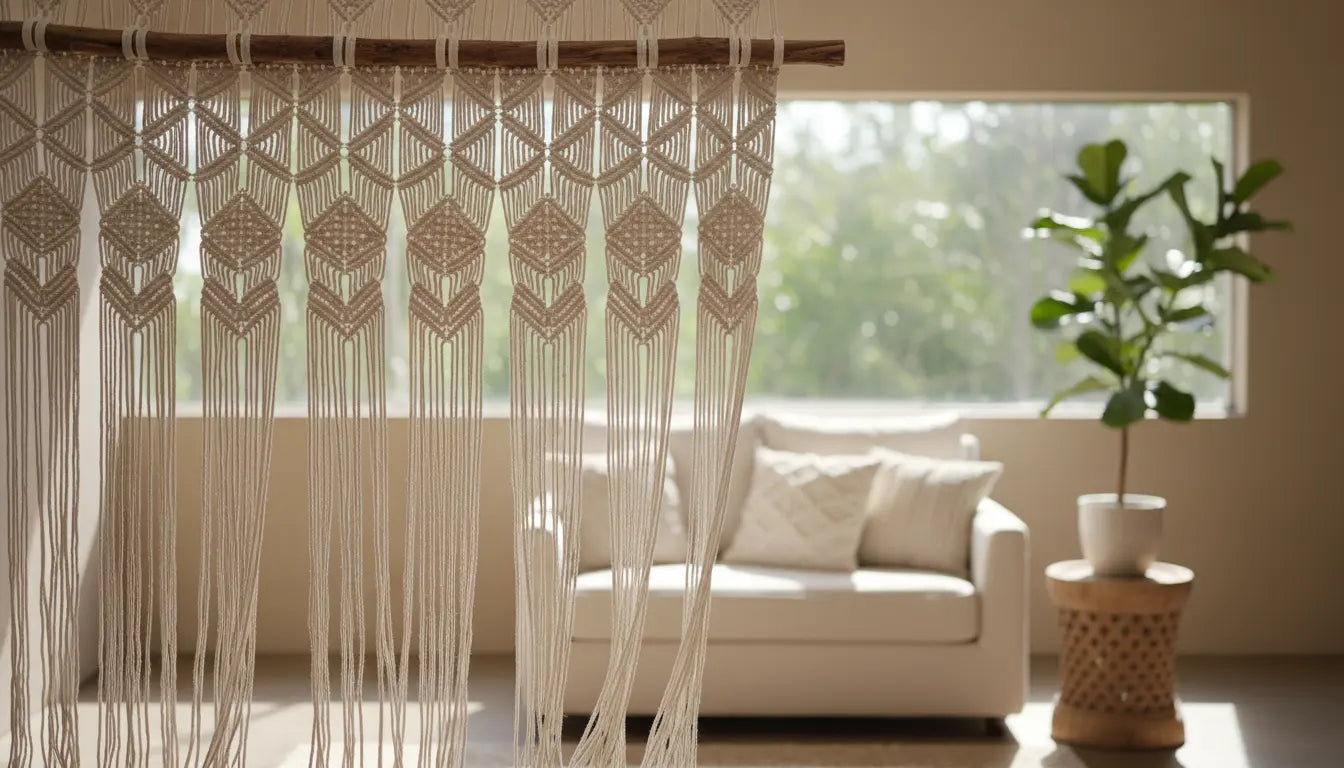 Rideau macramé en coton naturel transformant un intérieur bohème