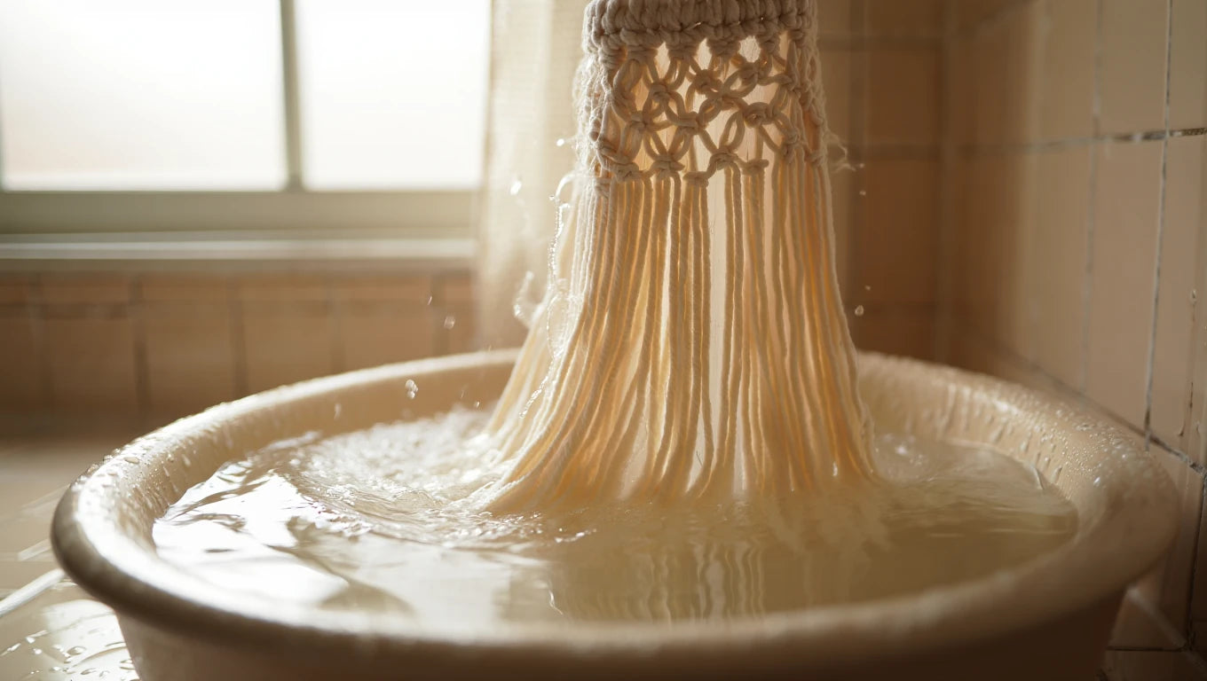 Rideau macramé en coton naturel trempé dans une bassine d'eau pour un lavage délicat