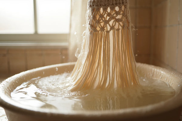 Rideau macramé en coton naturel trempé dans une bassine d'eau pour un lavage délicat