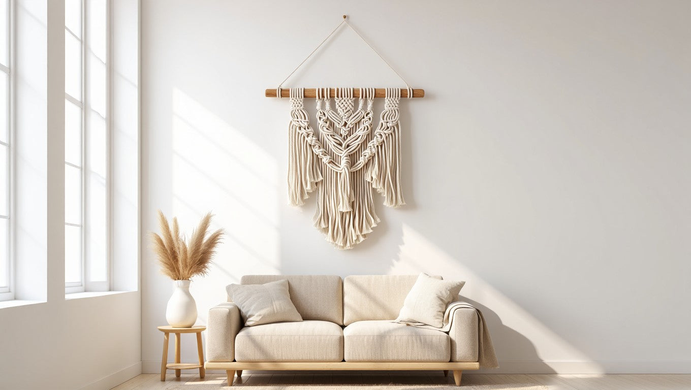 Macramé mural blanc dans un salon bohème lumineux