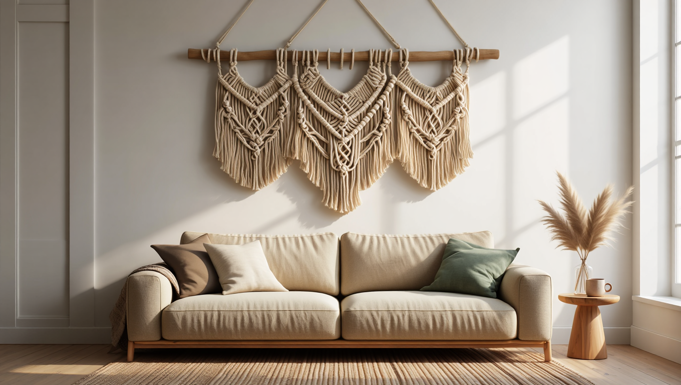 Macramé mural suspendu au-dessus d'un canapé beige dans un salon bohème