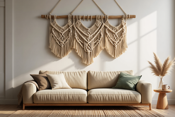 Macramé mural suspendu au-dessus d'un canapé beige dans un salon bohème