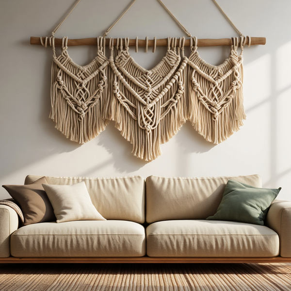 Macramé mural suspendu au-dessus d'un canapé beige dans un salon bohème