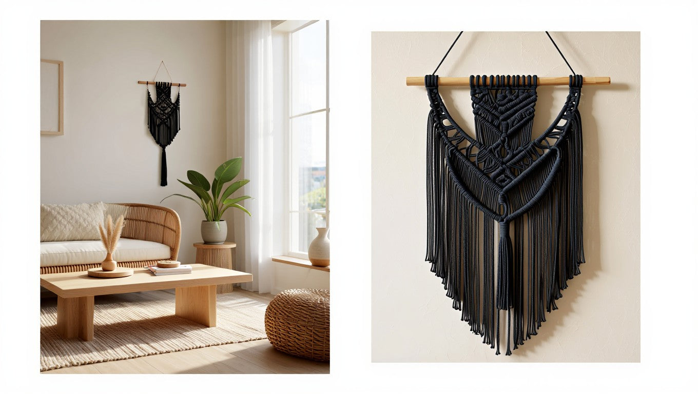 Macramé mural noir dans un salon bohème