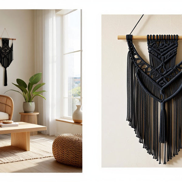 Macramé mural noir dans un salon bohème