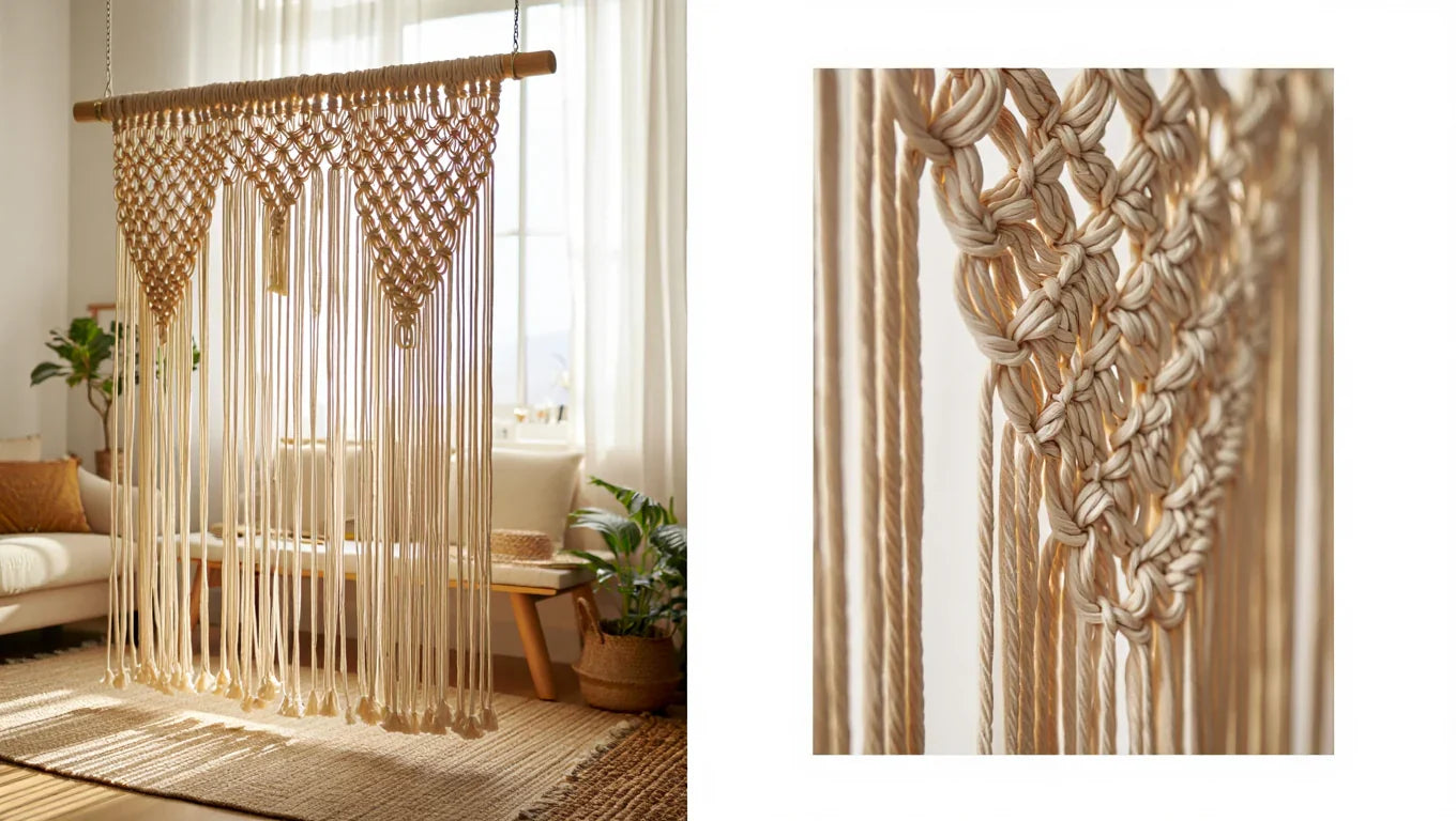 Rideau macramé coton naturel au mètre — options dimensions selon fenêtre