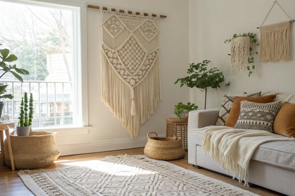 tenture macramé et tenture classique côte à côte