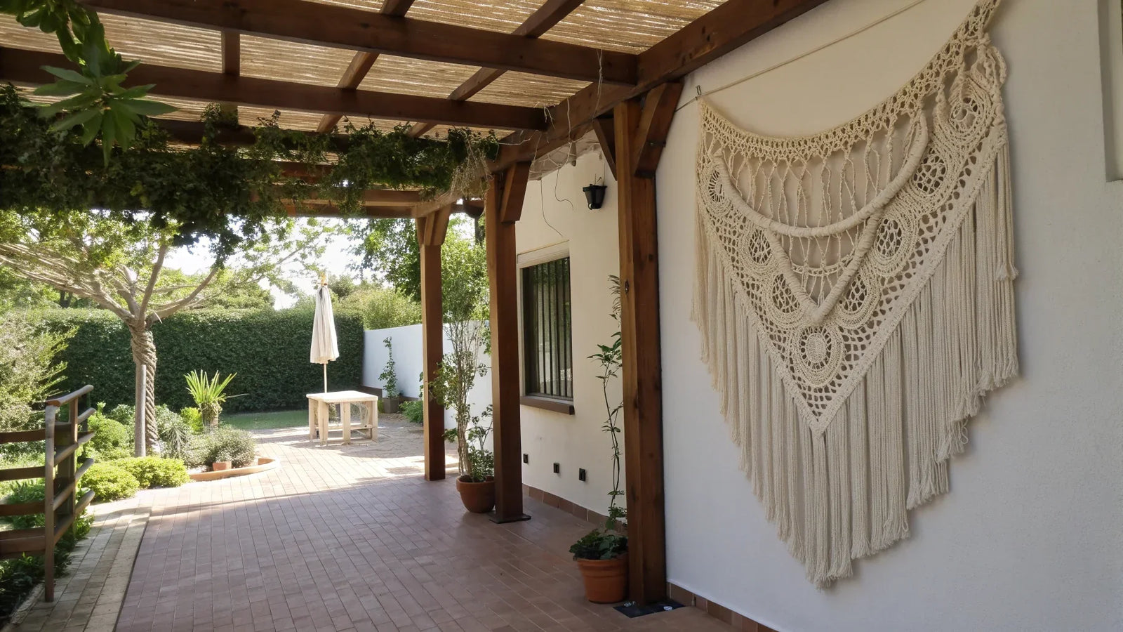 tenture macramé extérieur pergola