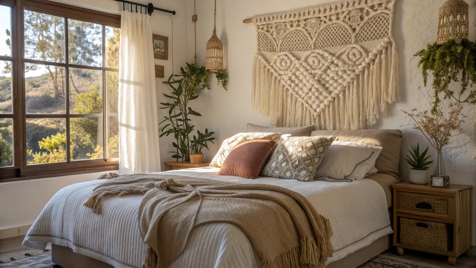 tête de lit macramé 140 cm au-dessus d'un lit double