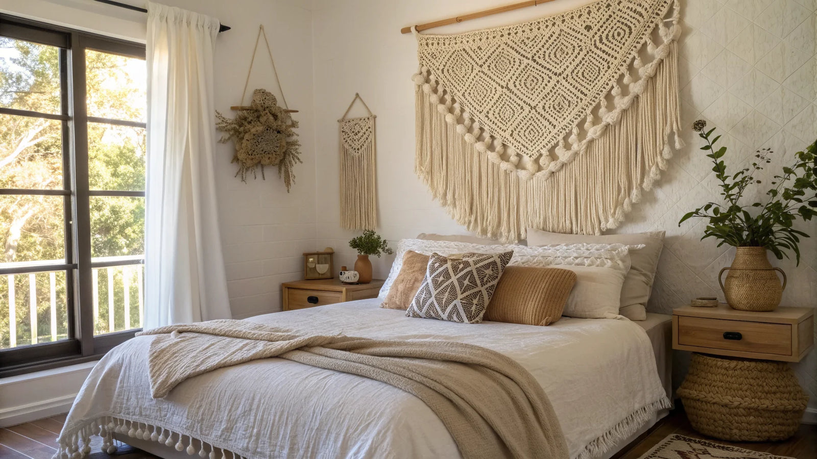 Tête de lit en macramé dans une chambre bohème