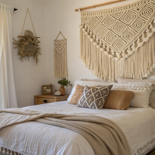 Tête de lit en macramé dans une chambre bohème