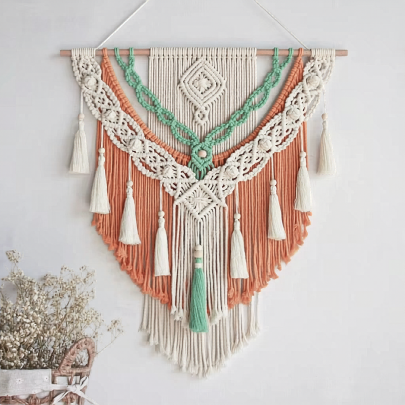 Tapisserie macramé terracotta, menthe & écru | Soléa