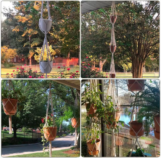 Quatre photos de porte-plantes suspendus en macramé en extérieur et devant une baie vitrée, dont une chaîne de deux ou trois pots