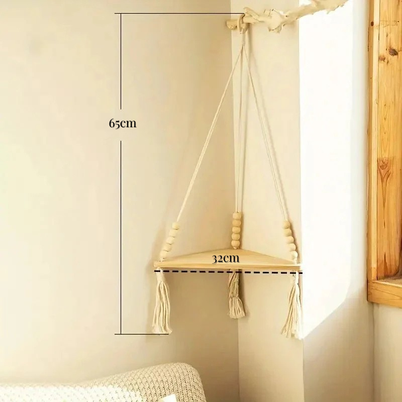 Étagère d'angle suspendue macramé coton écru perles bois | Arven Décorations macramé