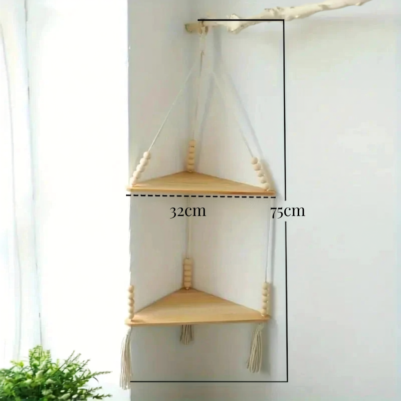 Étagère d'angle suspendue macramé coton écru perles bois | Arven Décorations macramé