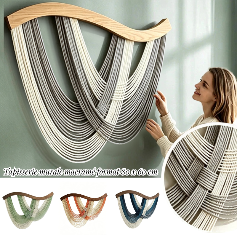 Décoration murale bohème macramé fils drapés barre courbée | Drapa Décorations macramé