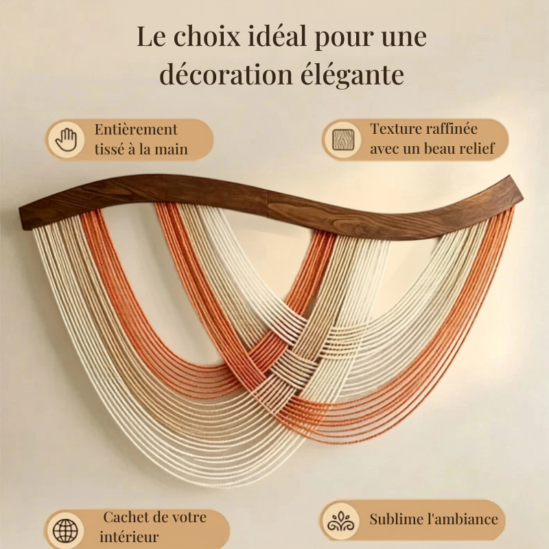 Décoration murale bohème macramé fils drapés barre courbée | Drapa Décorations macramé
