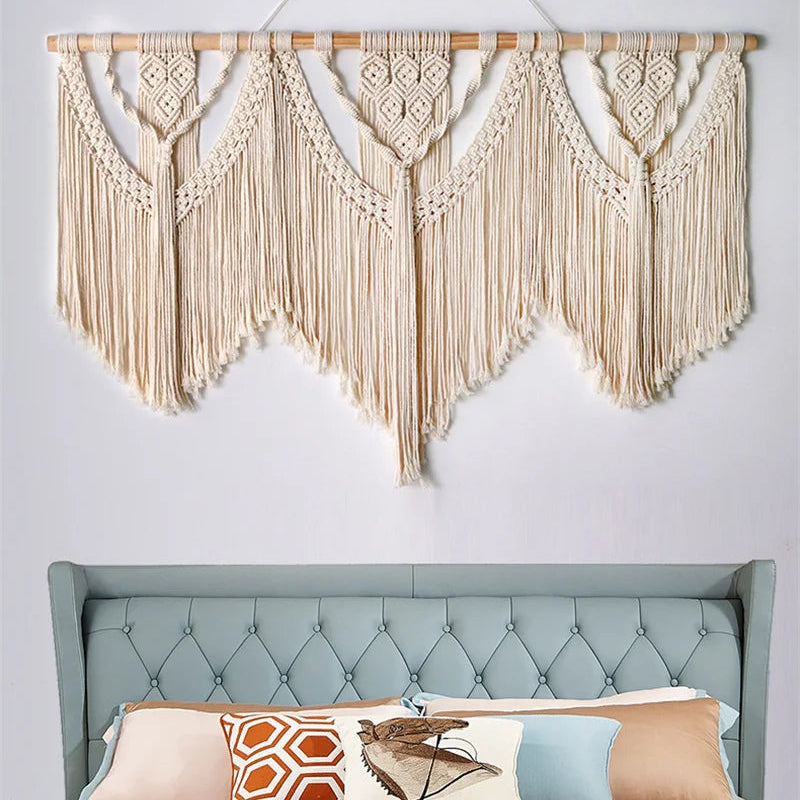 Large Macrame Wall Hanging Tapestry  with  Wooden Stick Hand-Woven Bohemia Tassel Curtain Tapestry  Wedding Backgrou Boho Decor Décorations macramé