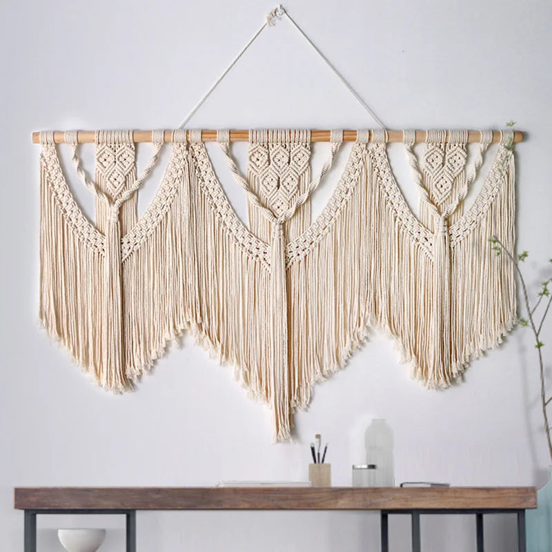 Large Macrame Wall Hanging Tapestry  with  Wooden Stick Hand-Woven Bohemia Tassel Curtain Tapestry  Wedding Backgrou Boho Decor Décorations macramé