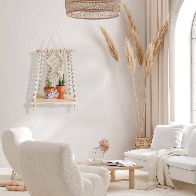 Étagère suspendue macramé coton écru plateau bois Décorations macramé