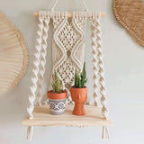 Étagère suspendue macramé coton écru plateau bois Décorations macramé