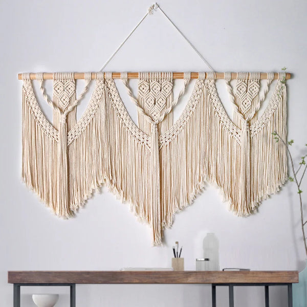 Large Macrame Wall Hanging Tapestry  with  Wooden Stick Hand-Woven Bohemia Tassel Curtain Tapestry  Wedding Backgrou Boho Decor Décorations macramé
