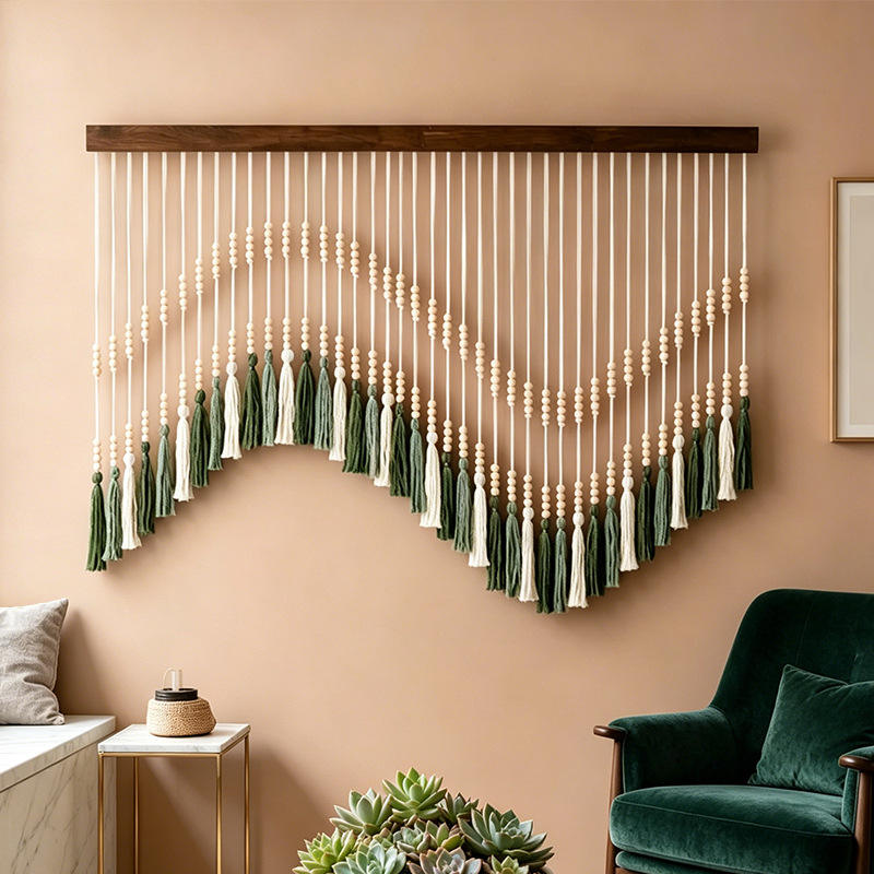 Décoration murale bohème macramé vert sauge perles bois | Savia Décorations macramé