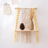 Étagère suspendue macramé coton écru plateau bois Décorations macramé