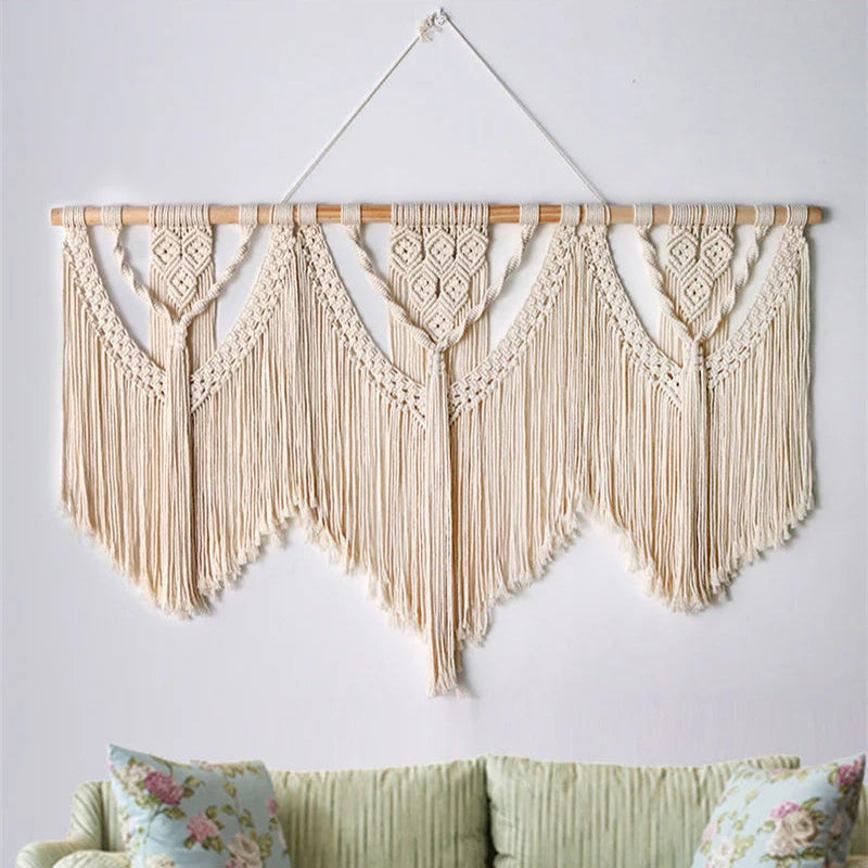 Large Macrame Wall Hanging Tapestry  with  Wooden Stick Hand-Woven Bohemia Tassel Curtain Tapestry  Wedding Backgrou Boho Decor Décorations macramé