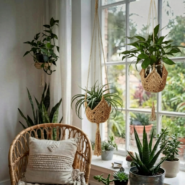 Suspension plante macramé jute naturel style bohème Décorations macramé