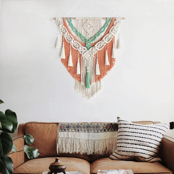 Tapisserie macramé terracotta, menthe & écru | Soléa Décorations macramé