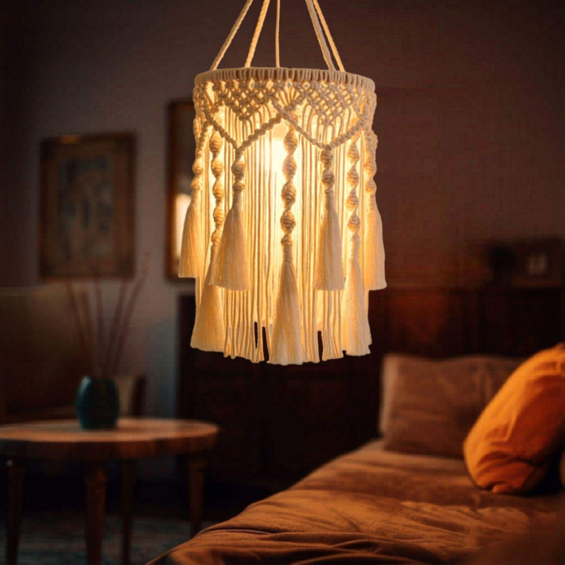 Abat-jour macramé suspension à franges triple niveau | Aura Décorations macramé