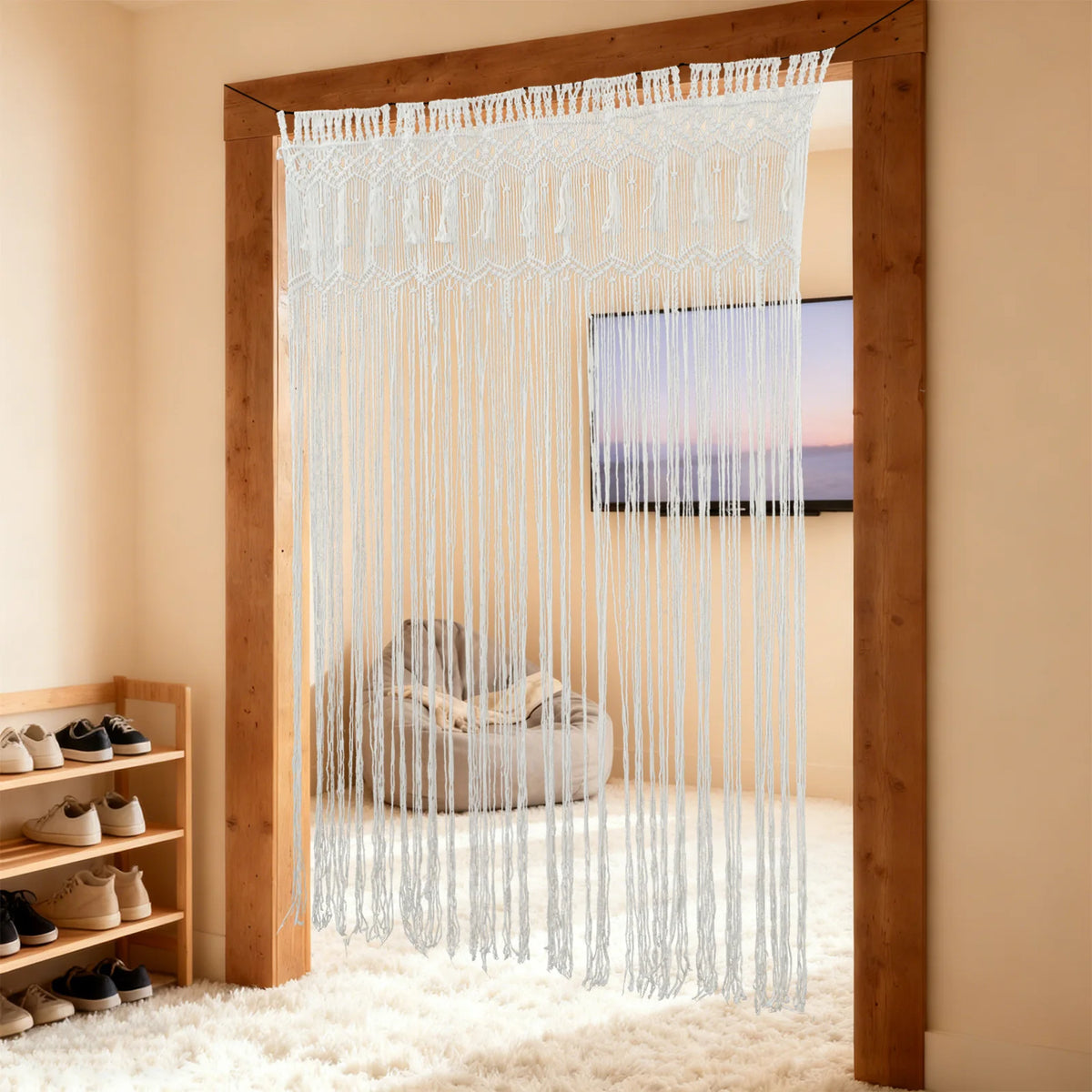 Hand-Woven Cotton String Door Curtain 4.43x6.56FT White Window Curtain Panel Bohemian Wall Hanging Decor for Balcony Kitchen Por Décorations macramé